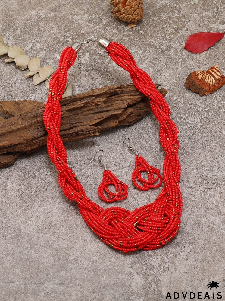 Beaded Layered Necklace & Drop Earrings