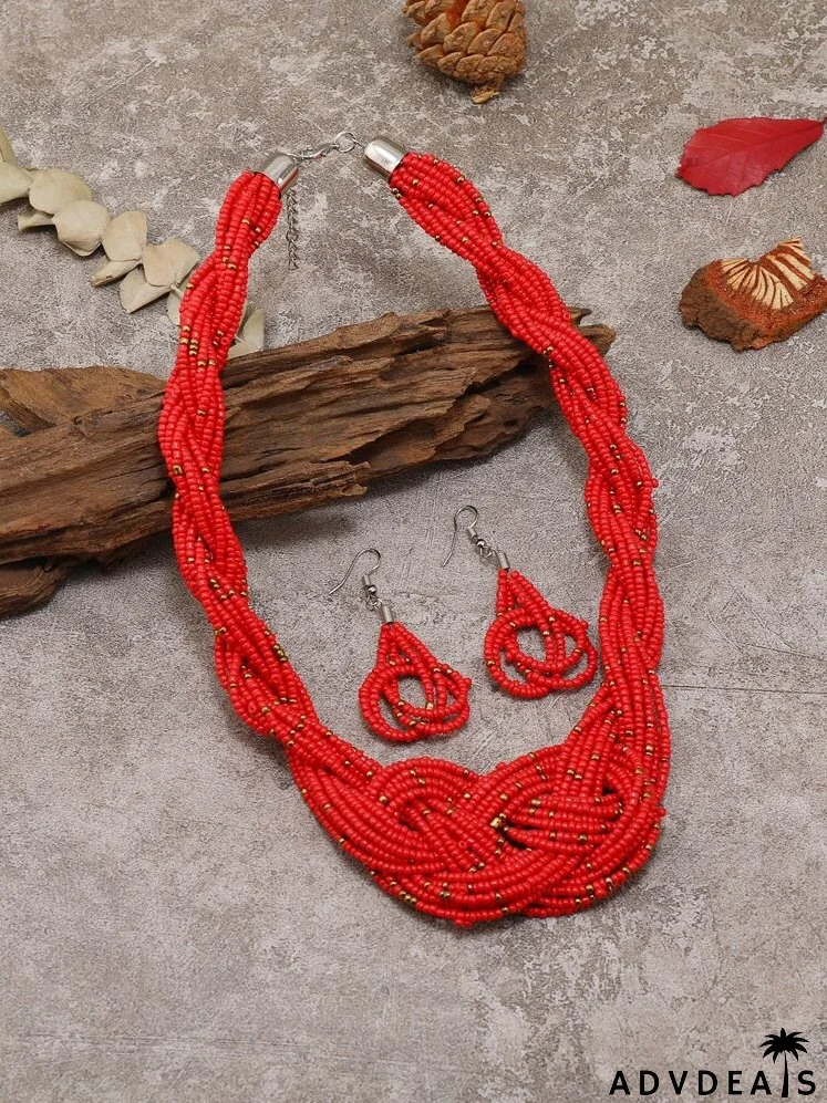 Beaded Layered Necklace & Drop Earrings