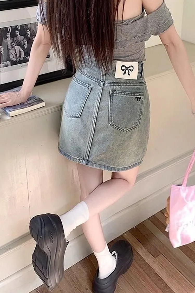 Bow Detail Denim Mini Skirt for Women
