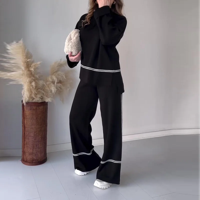 Toloer Toloer 2023 New Fashion Solid Color Line Print Casual Sweater Set-Outfit Ideas