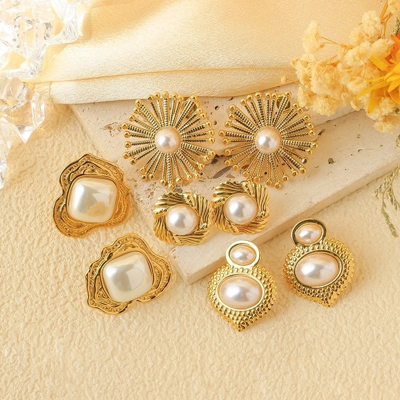 1 Pair Classical Baroque Style Sweet Irregular Geometric Plating Inlay 304 Stainless Steel Pearl 14K Gold Plated Ear Studs