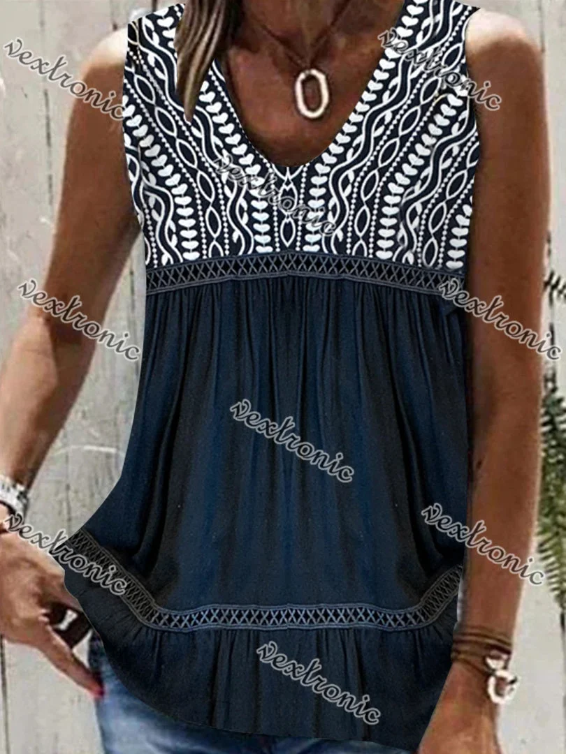 Women's Blue V-neck Sleeveless Graphic Top