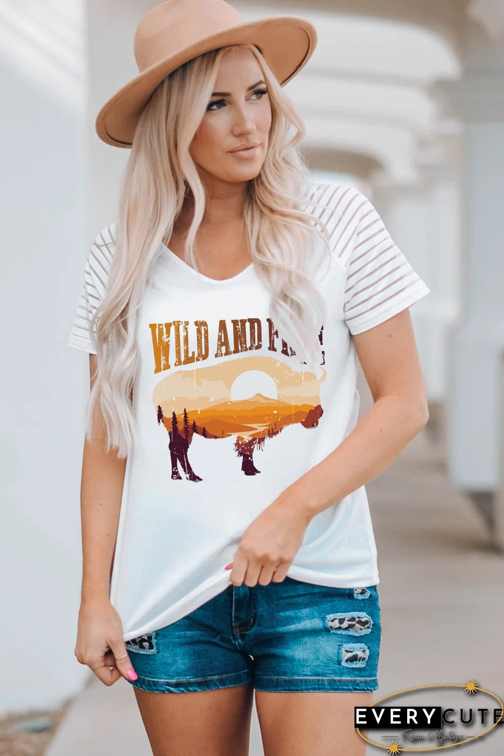 White WILD AND FREE Western Animal Print Short Sleeve T-shirt