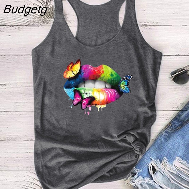Budgetg Lips Butterflies Printed Tank Top Women Sleeveless Summer Tee Shirt Harajuku Crew Neck Ladies 90s Tops Ropa Mujer