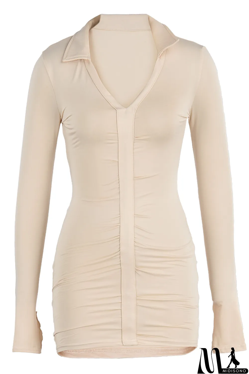 MidiSono - Apricot Fashion Sexy Solid Slit Turndown Collar Long Sleeve Dresses