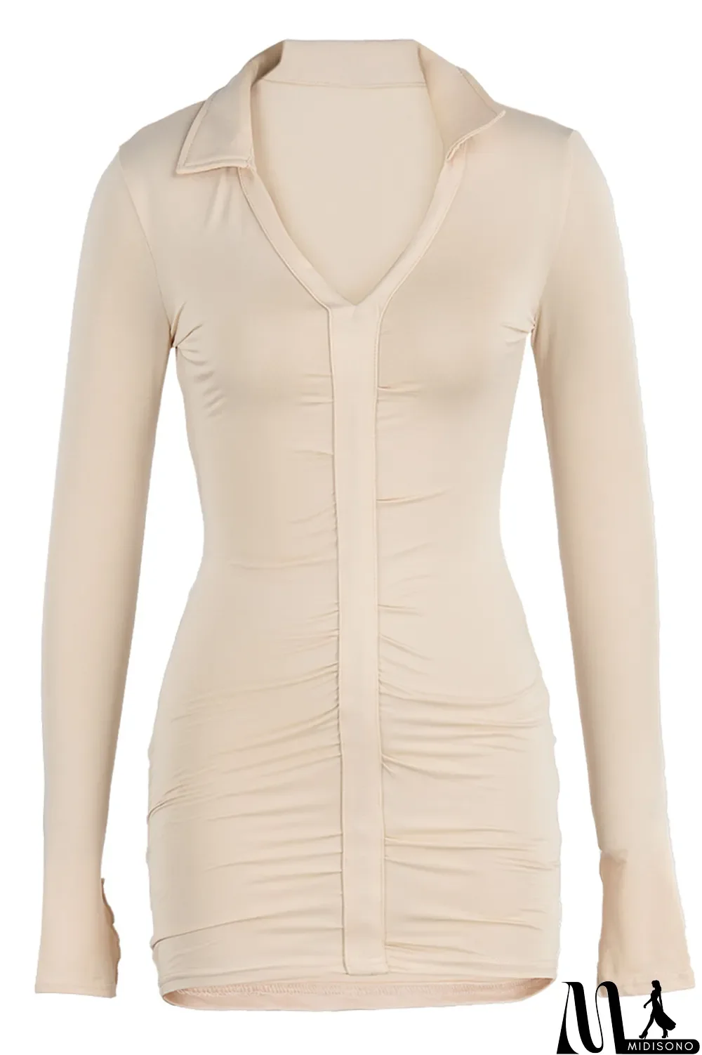 MidiSono - Apricot Fashion Sexy Solid Slit Turndown Collar Long Sleeve Dresses