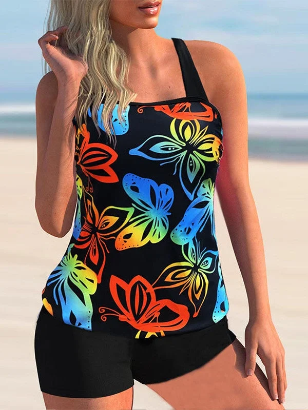 Plus Size Swimwear Sleeveless Bright Embroidery Tankini
