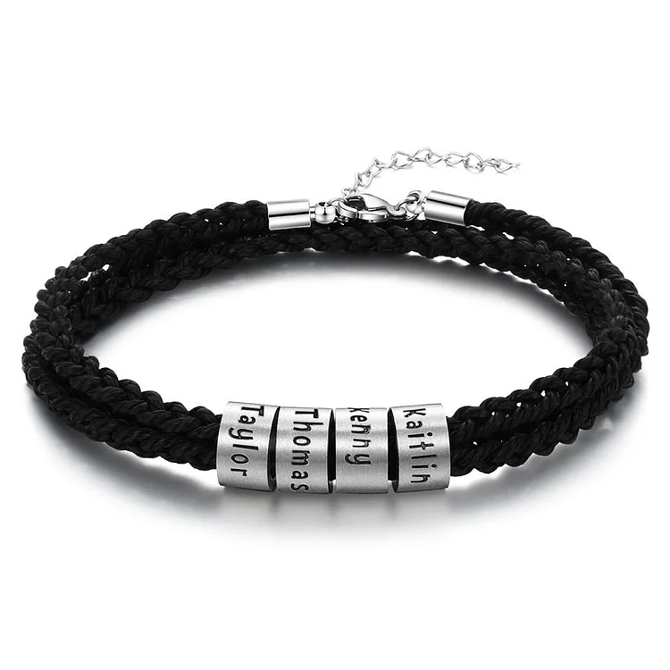Mens Leather Braided Bracelet with 4 Sterling Silver Beads Engarved 4 Names Personalized Bracelet Black