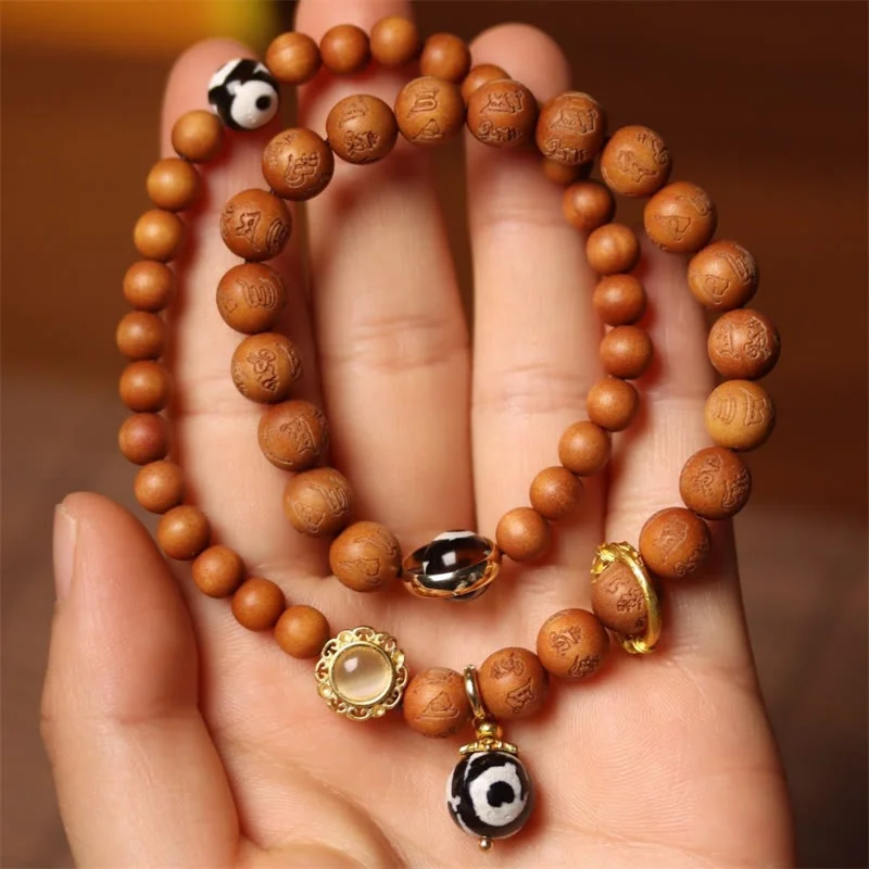 Tibetan Sandalwood Om Mani Padme Hum Dzi Bead Double Wrap Bracelet