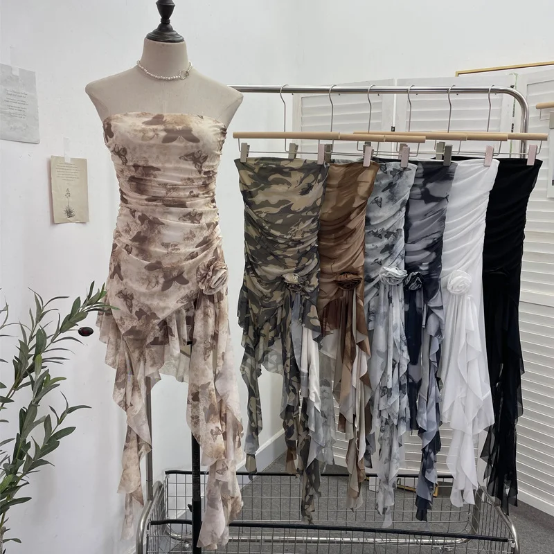 Uveng Solid Shot Tie Net Yarn Printing Irregular Ribbon Three-Dimensional Flowers Small Man With Chest Short Skirt Dress Dress 6652