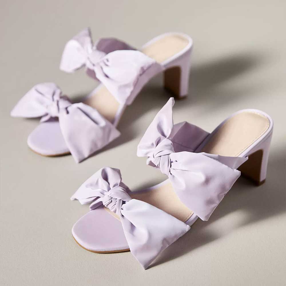 Purple Textile Square Toe Chunky Heel Bow Strappy Mules Nicepairs