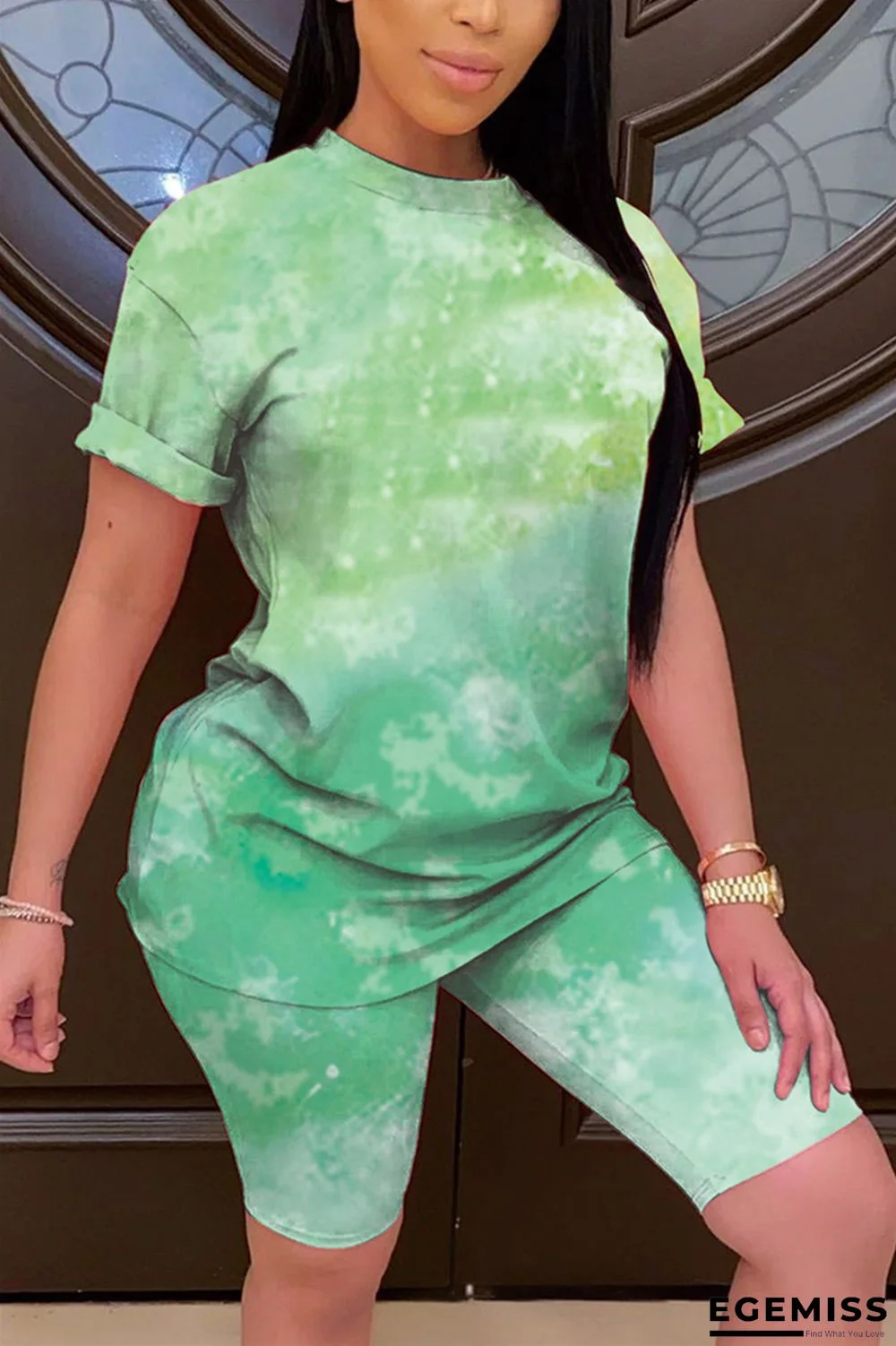 Green Fashion Casual Printed T-shirt Shorts Set | EGEMISS