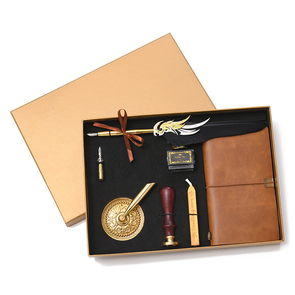 

Black Retro Notebook Ink Bottle Calligraphy Feather Dip Pen Set Stationery Box, 501 Original