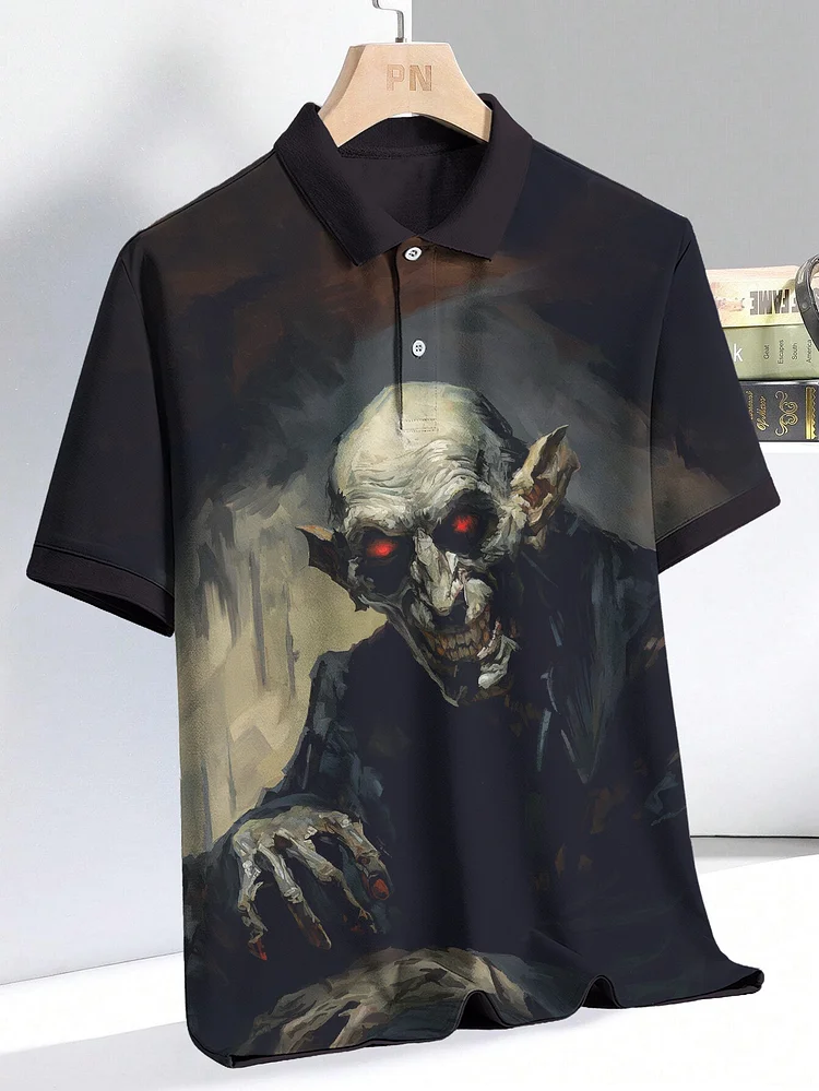 Men's Halloween Dark Gothic Vampire Print Short Sleeve Polo Shirt
