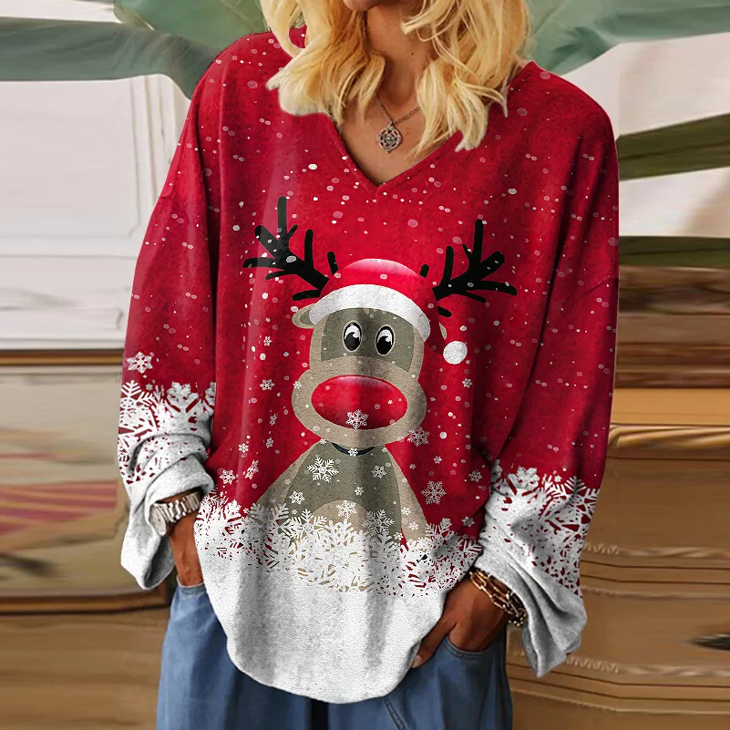 Womens V-neck Elk Patterns Christmas Red T-shirt