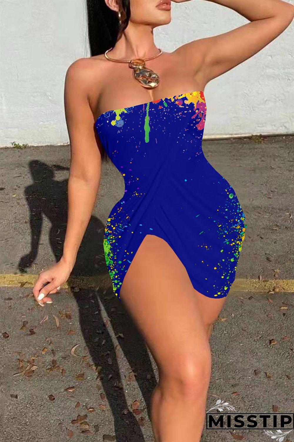 Colorful Blue Sexy Print Backless Asymmetrical Strapless Sleeveless Dress