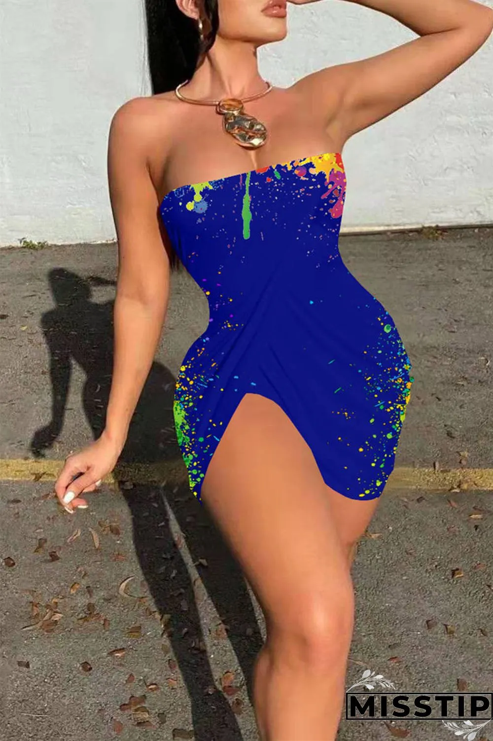 Colorful Blue Sexy Print Backless Asymmetrical Strapless Sleeveless Dress
