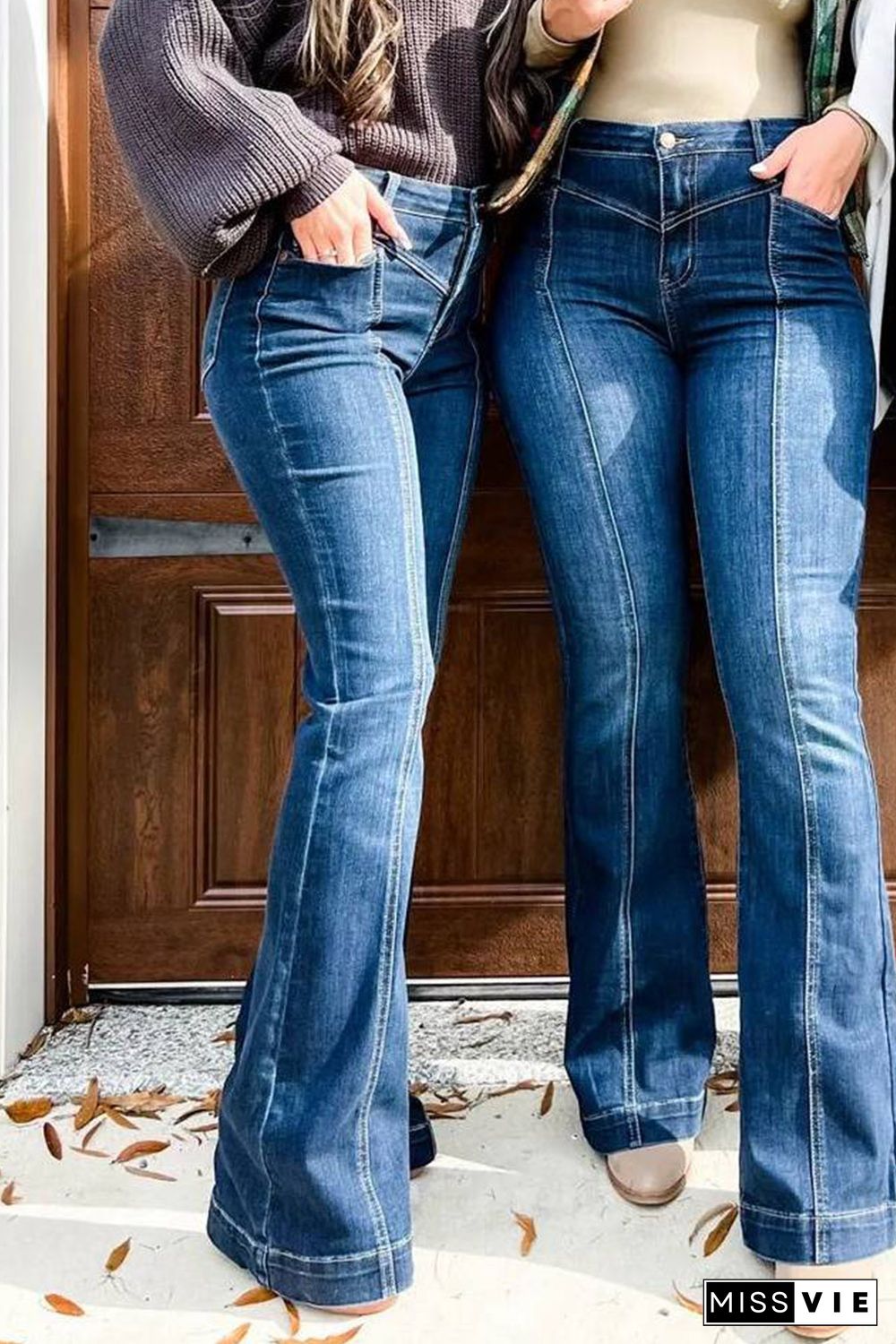 Blue High Waist Seam Stitching Pocket Flare Jeans