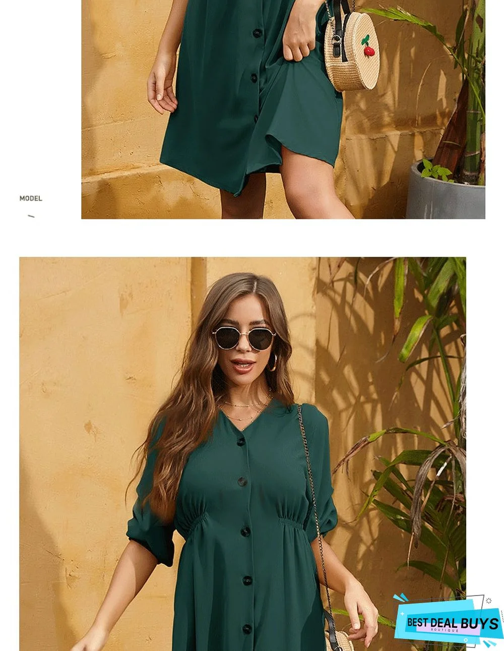 Solid-colored Loose-fitting Mid-sleeve Pleated Shirt Large Swing Dress