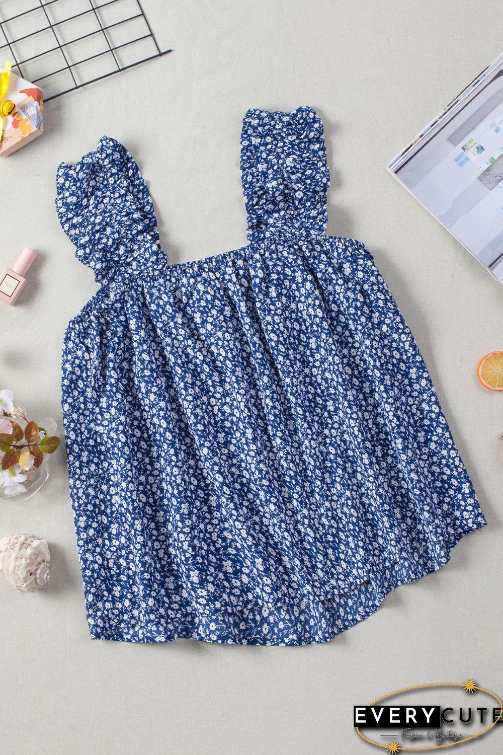 Sky Blue Floral Ruffled Straps Flowy Tank Top