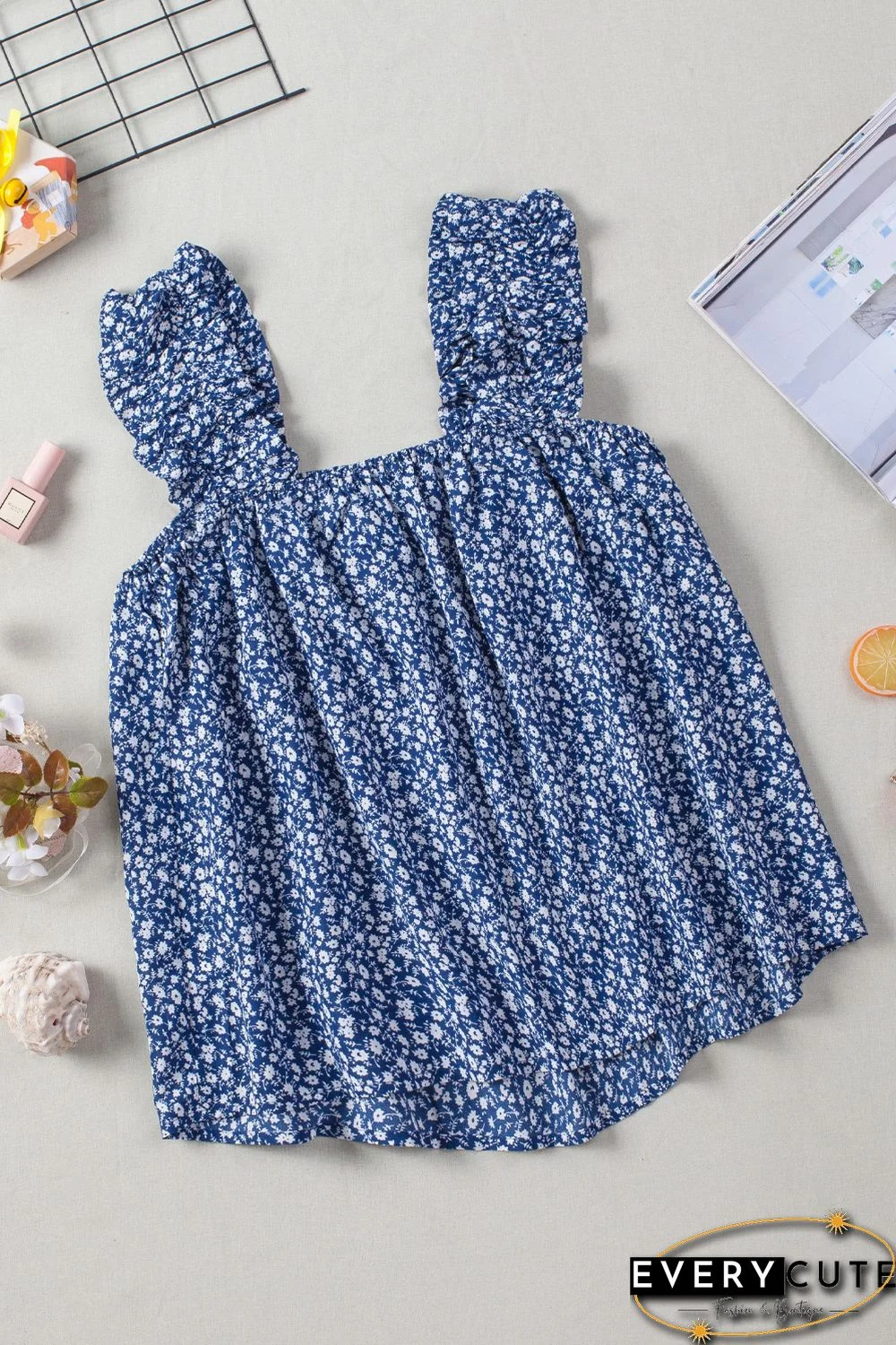 Sky Blue Floral Ruffled Straps Flowy Tank Top