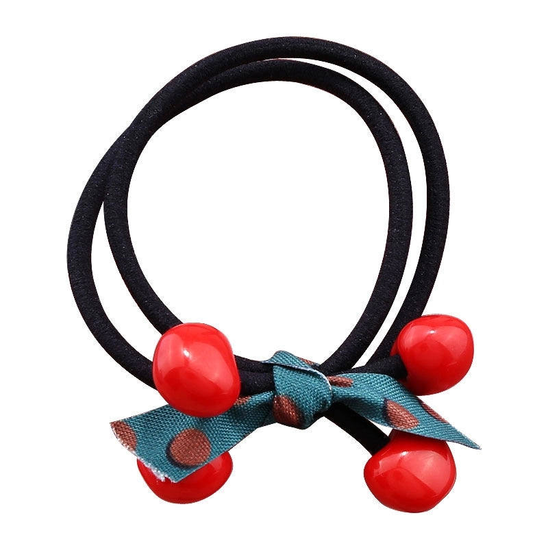 Korean Cherry Head Strap Rubber Band Cute Hair Ring Double Strand Red Apple Bow Hair Strap Mori Women’s Pony Tail Headwear