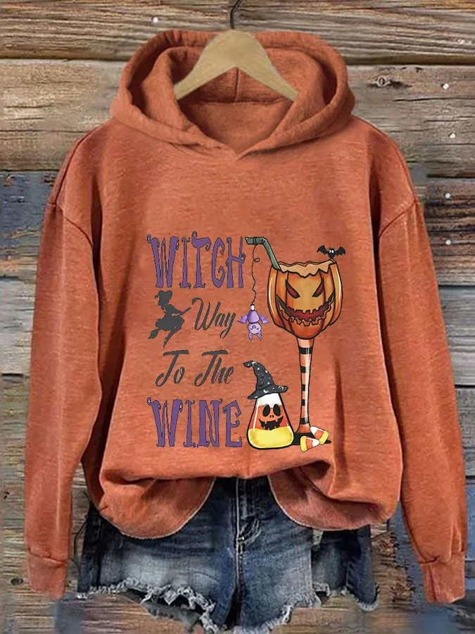 Women's Funny Halloween Witch Way To The Wine Printed Casual Hoodie 