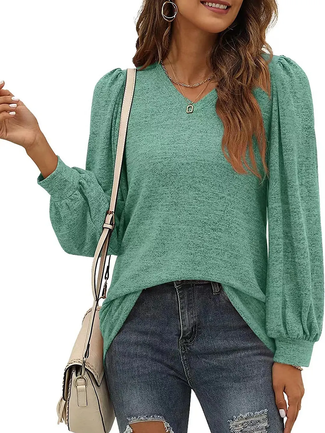 Women's Buttons Stitching Solid Color Long Sleeve V-neck Top
