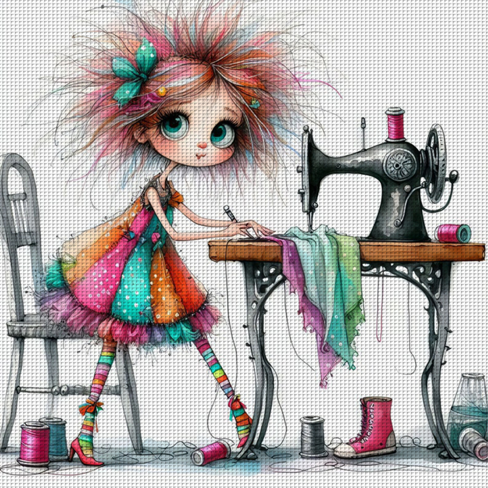 Cross Stitch 11CT Stamped Sewing Machine Girl(40*40cm)-Guru-buzz
