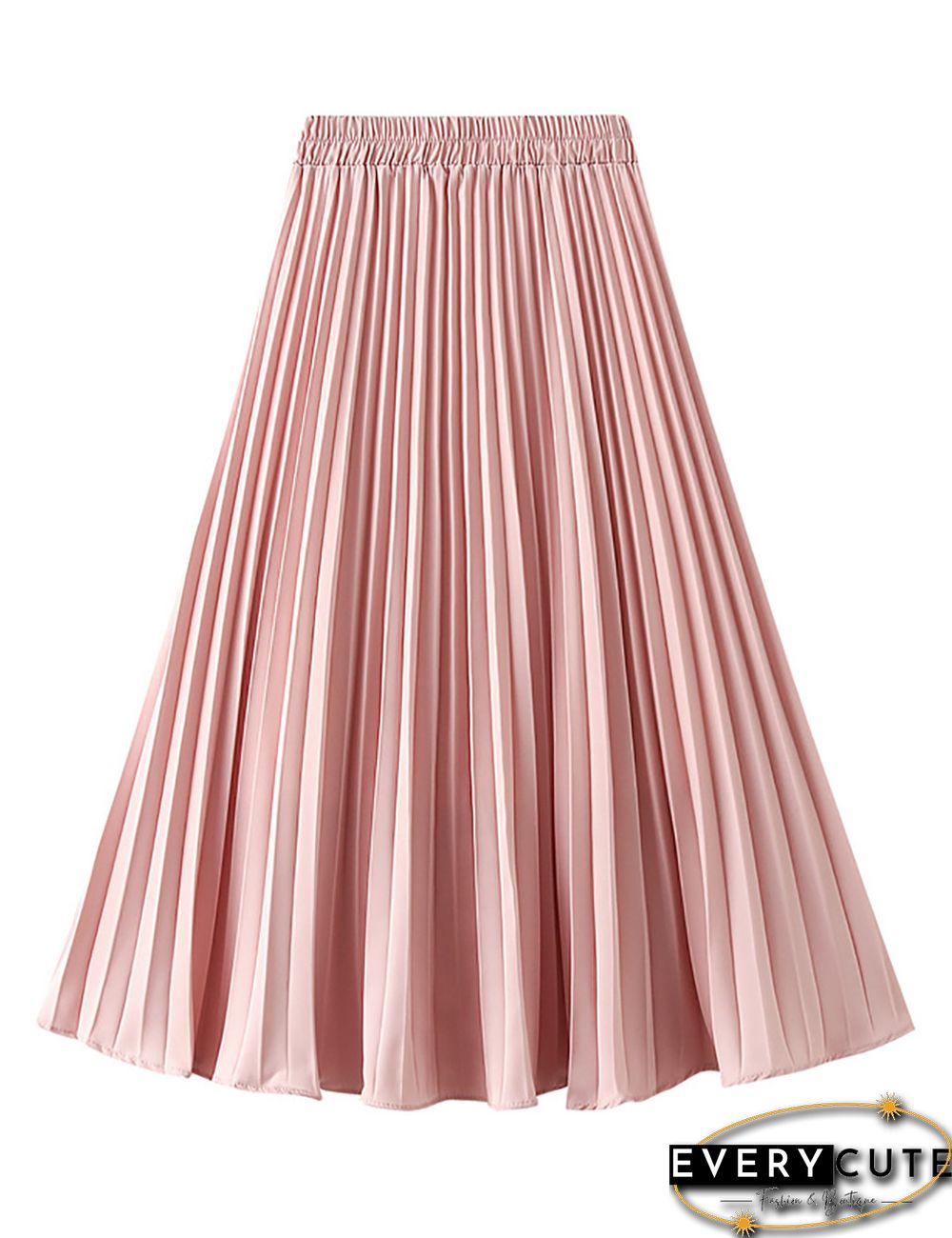 Pink Elastic Waist A-line Pleated Maxi Skirt