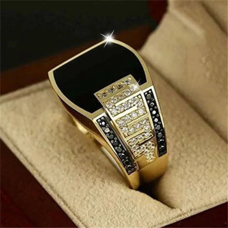 Longrui hot-selling jewelry new gold wide-faced black diamond men's ring fashion hip-hop full diamond ring_ viptrois