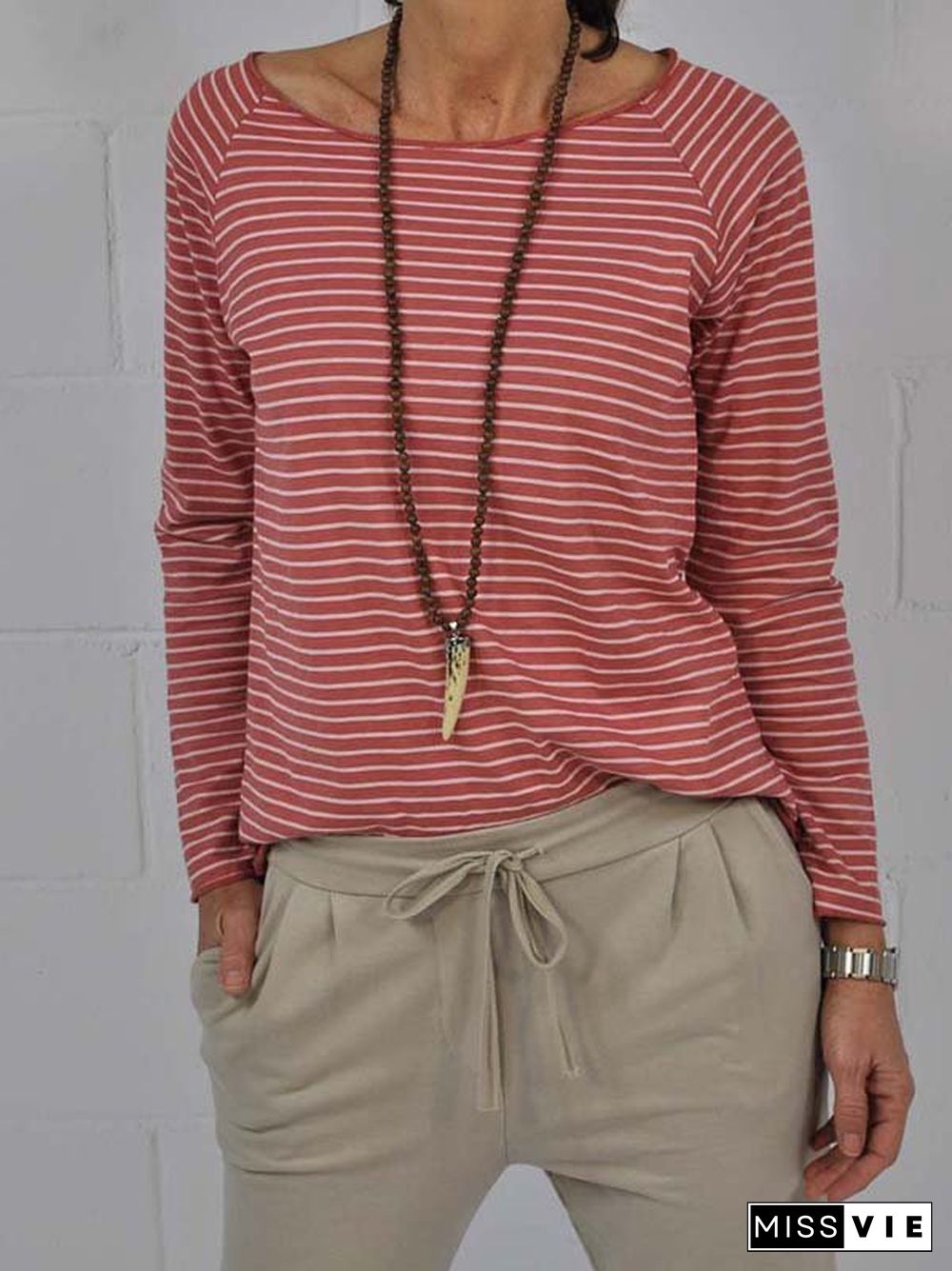 Crew Neck Long Sleeve Striped Casual T-shirt