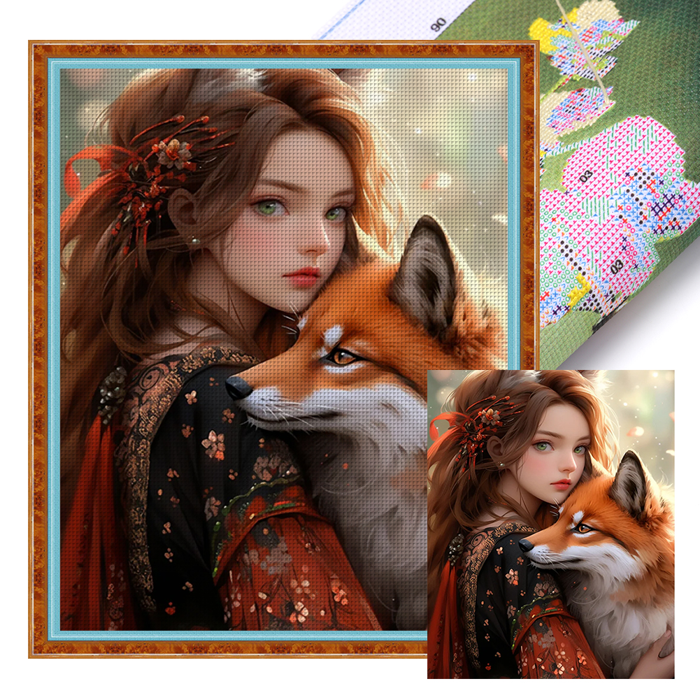 Girl Fox Full 11CT Pre-stamped Canvas(40*50cm) Cross Stitch