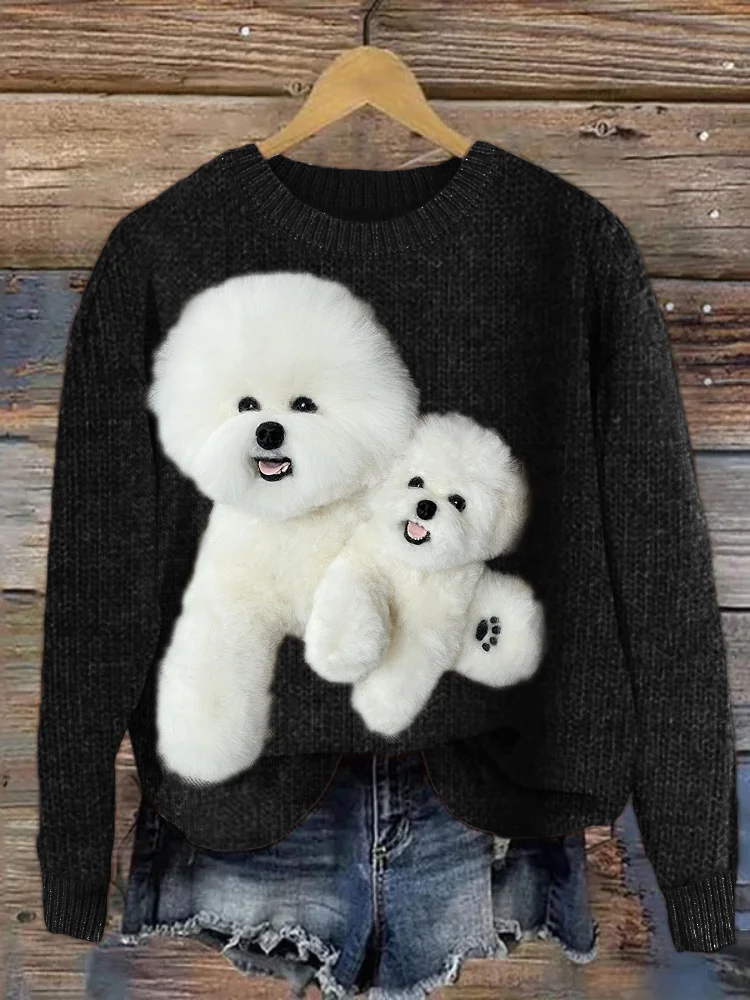 Fluffy Bichon Dogs Plush Cozy Knit Sweater