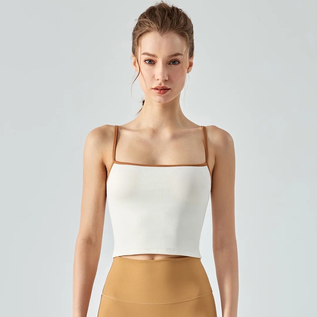 Hergymclothing Milk Tea White women's slim fitting ribbed camisole gym tank top with removable cups for sale