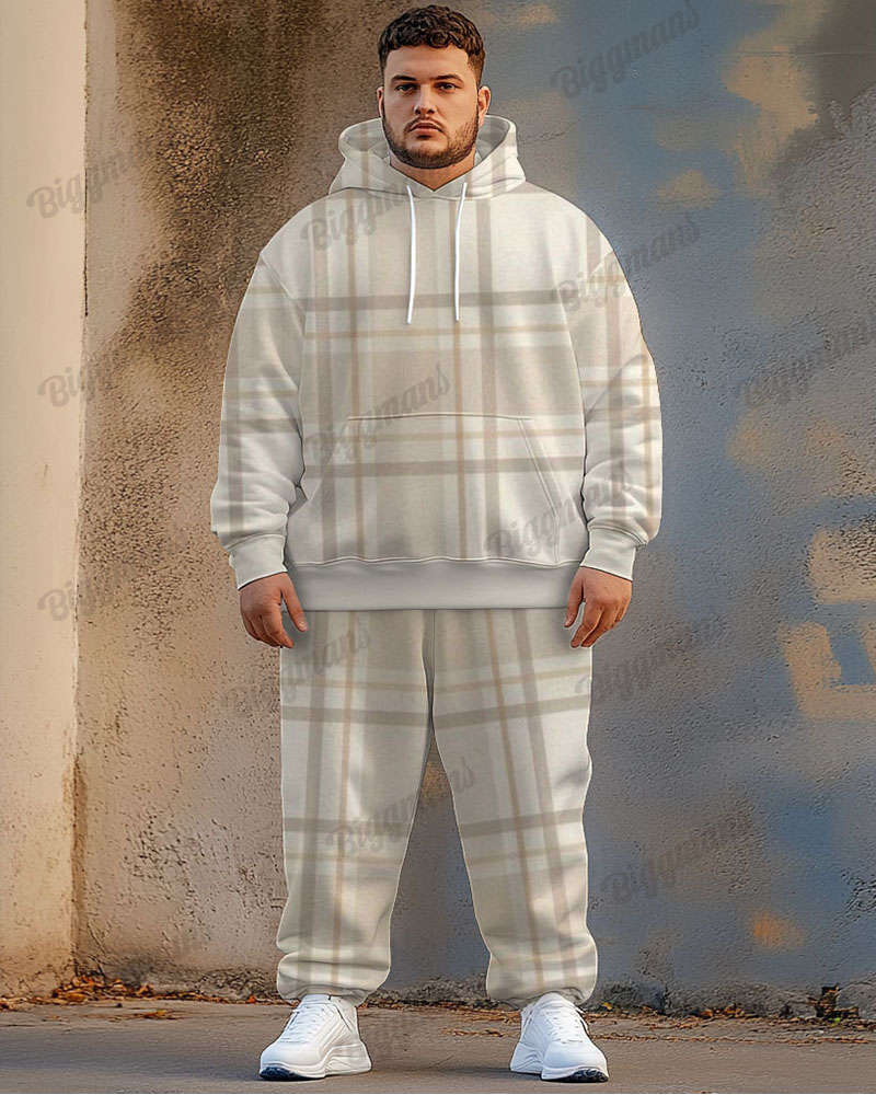 Men's Street Fashion Versatile Classic Apricot Plaid Print Plus Size Hoodie Suit