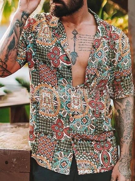 Casual Retro Men's Ethnic Style Printed Vacation Short-sleeved Shirt