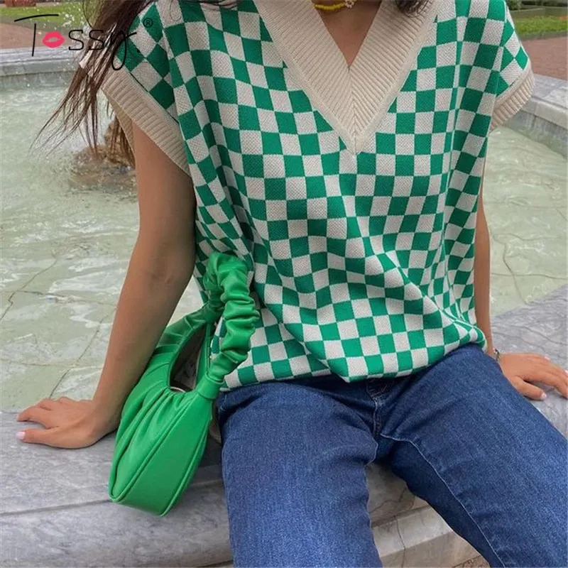 Tossy Casual Argyle Women's Vest Knitted Sleeveless Sweater Top For Women 2021 Autumn New V-Neck Pullover Vest Y2k Knitwear