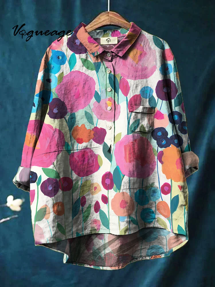 Bright Colored Flowers In Ink Printed Cotton And Linen Shirt