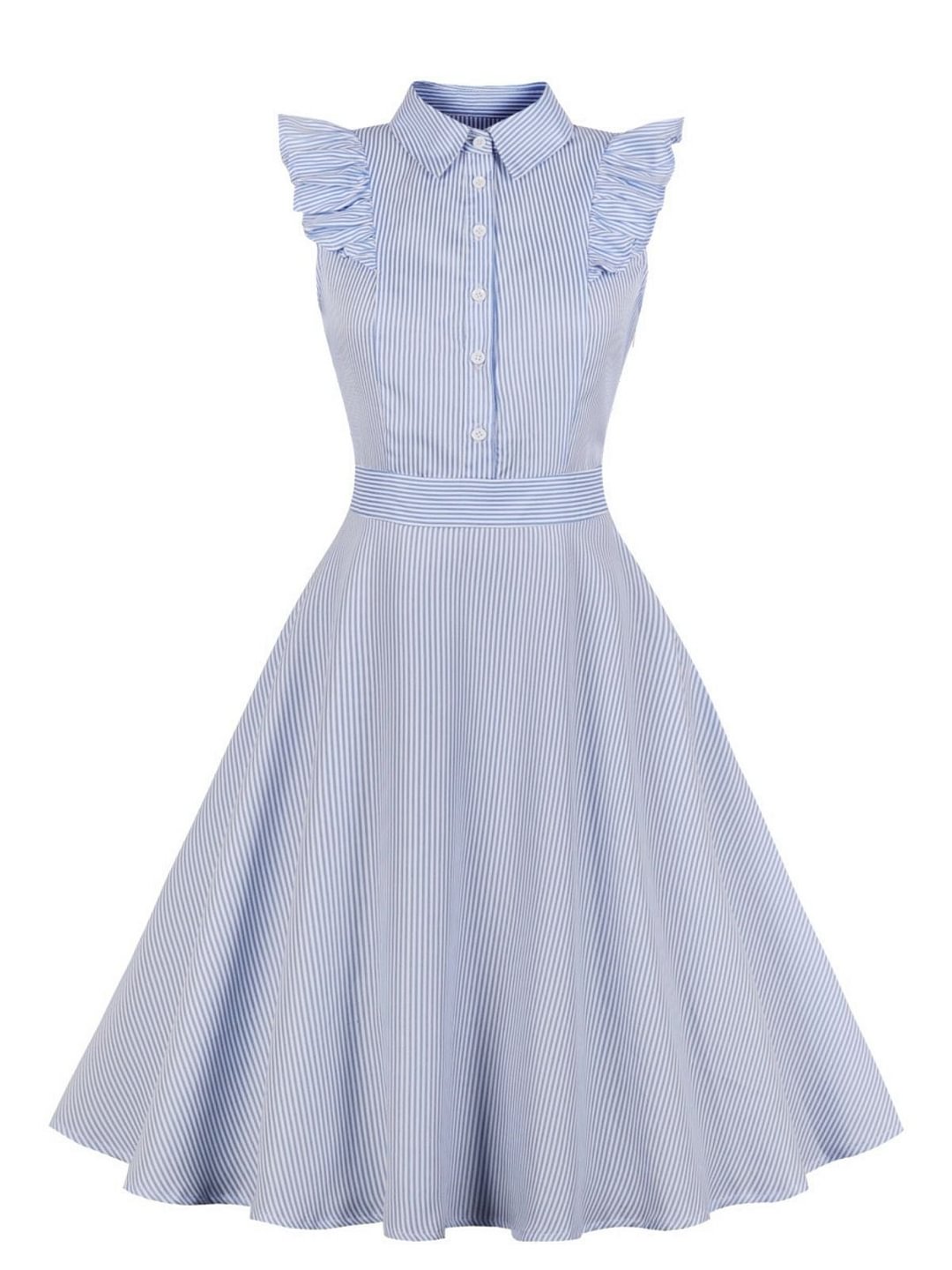 Blue 1950s Ruffles Button Swing Dress