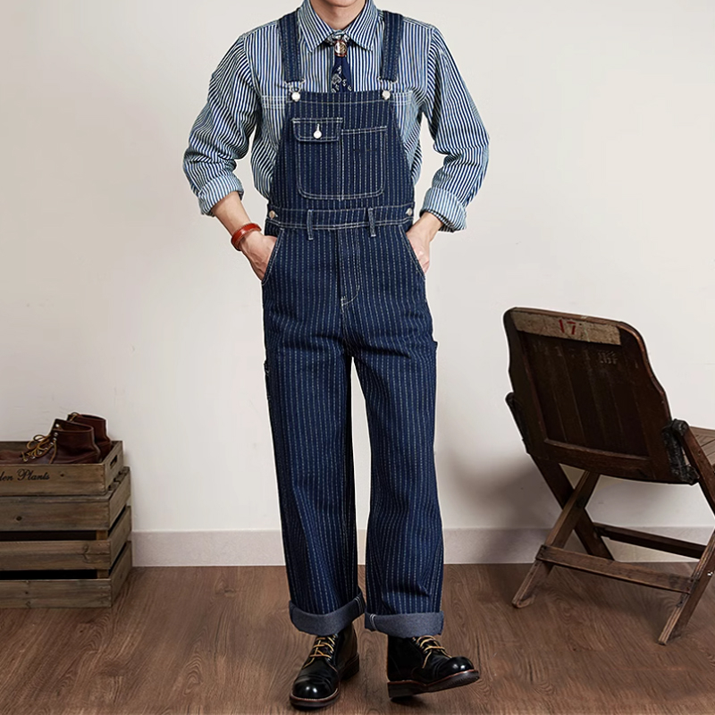 Vintage Denim Adjustable Striped Overalls
