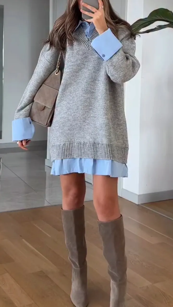 Women Collar Splicing Casual Fake Two-piece Dress