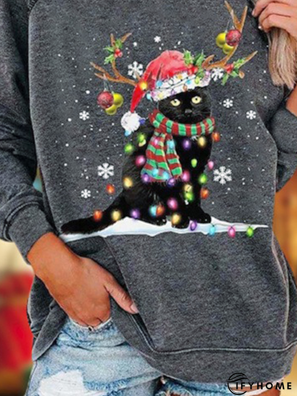 Christmas Cat Snowflake Long Sleeve Crew Neck Casual Tunic Sweatshirt | IFYHOME