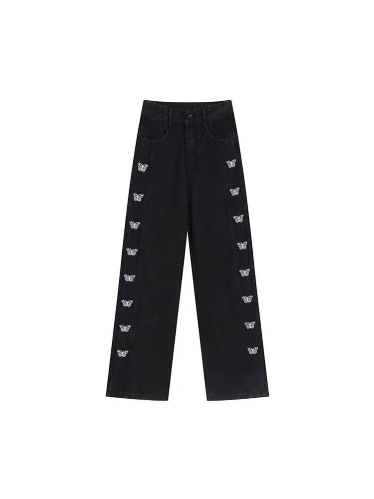 2022 New Embroidery Jeans Women Denim Pants Harajuku High Waist Straight Wide Leg Fashion E-girl Trouser Black Female Streetwear