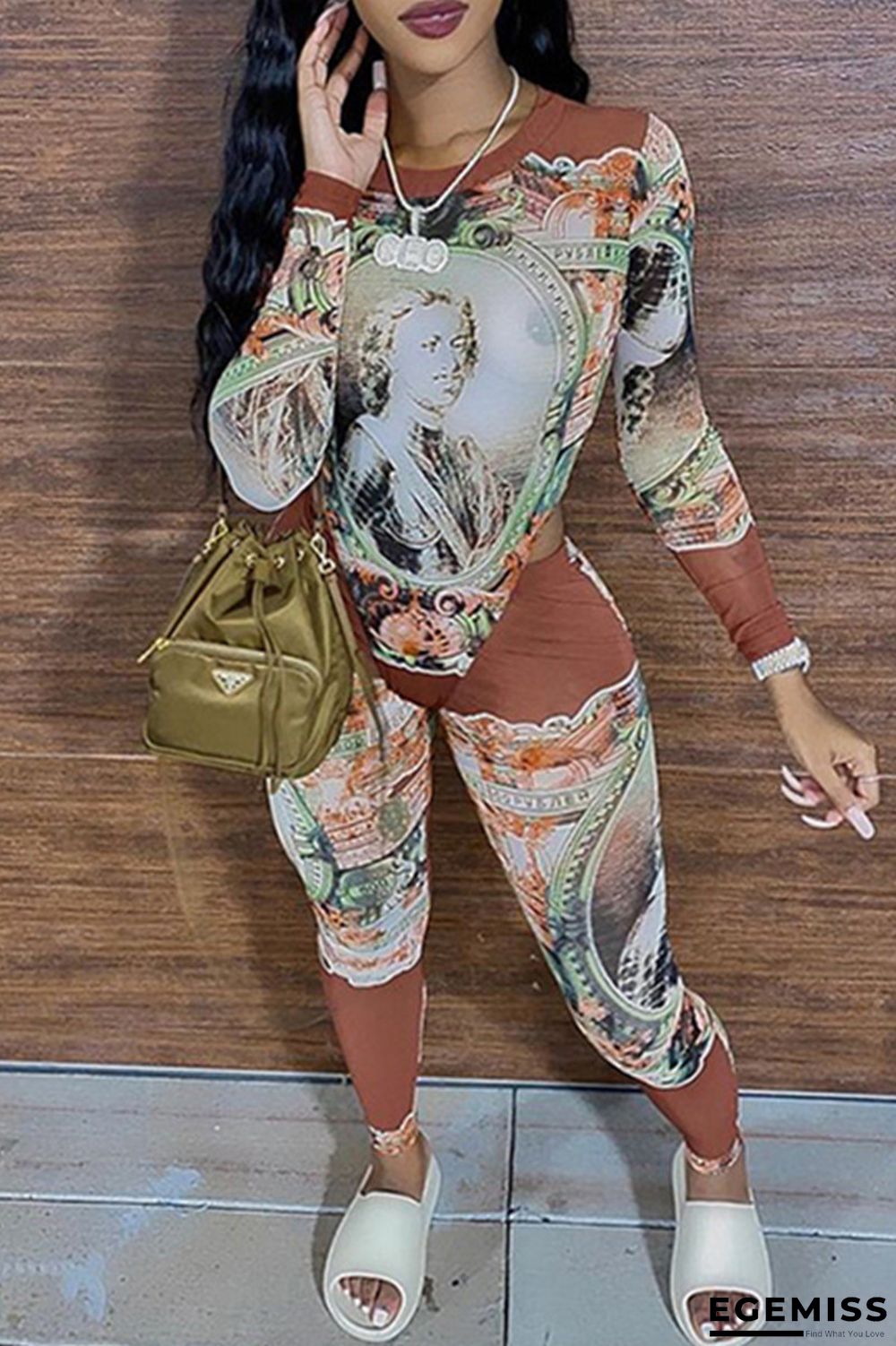 Brown Fashion Sexy Print Patchwork See-through O Neck Long Sleeve Two Pieces | EGEMISS