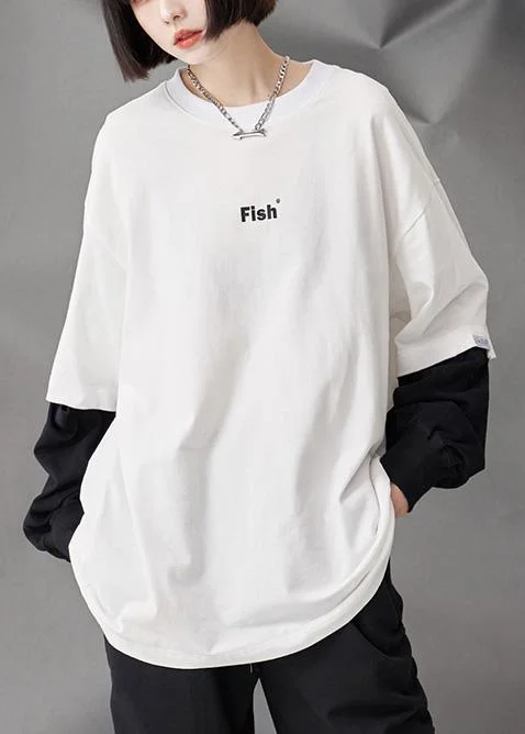 Art false two pieces cotton autumn clothes For Women pattern white shirt