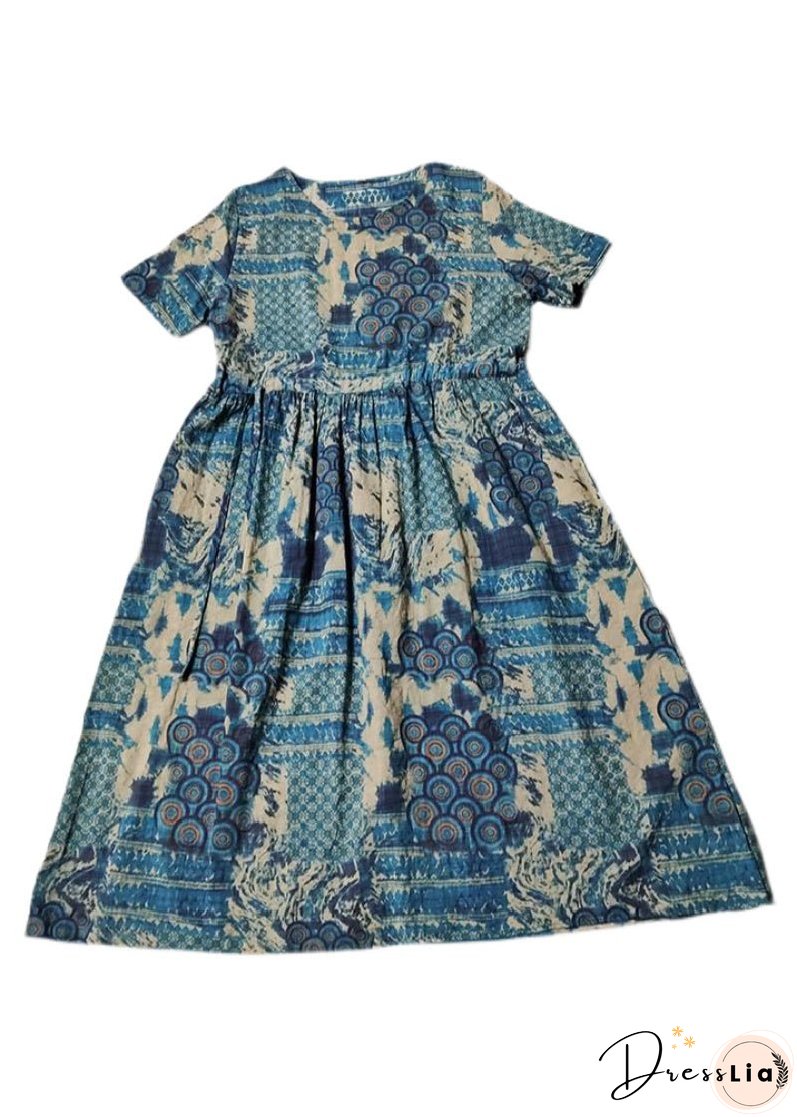 Style Blue O-Neck tie waist Print Linen Dress Short Sleeve