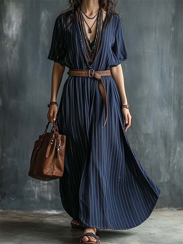 Striped Short Sleeve Cotton Linen Shirt Maxi Dress