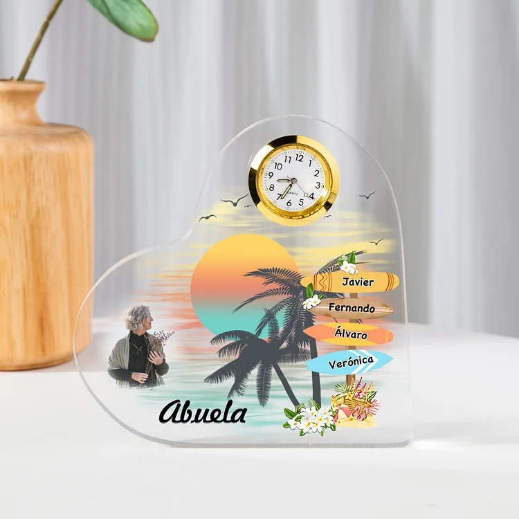A la familia-Placa acrílica de playa en forma de corazón con un reloj 1 texto, 1 foto y 4 nombres personalizados