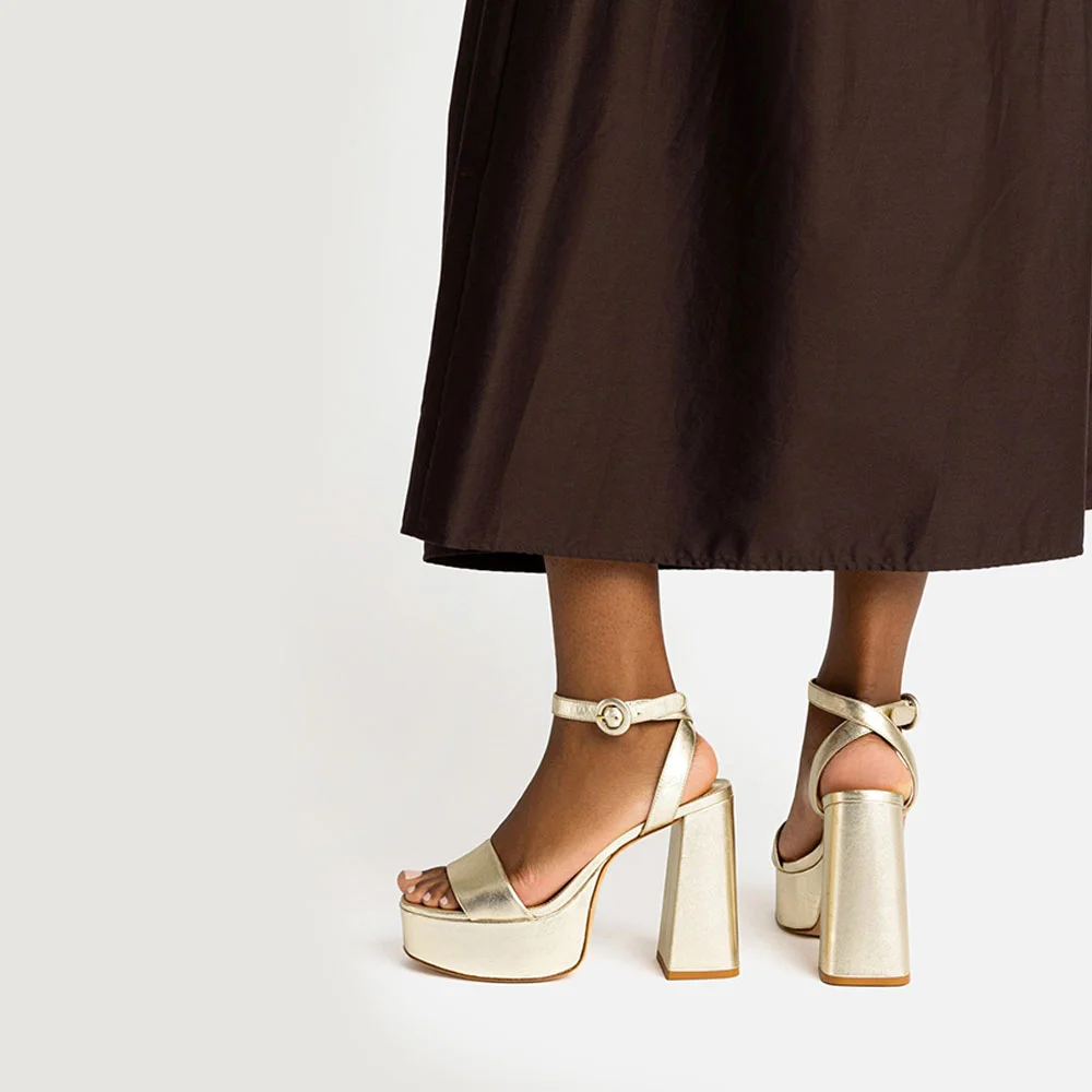 Round Toe Ankle Strap Buckle Platform Chunky Heel Gold Sandals